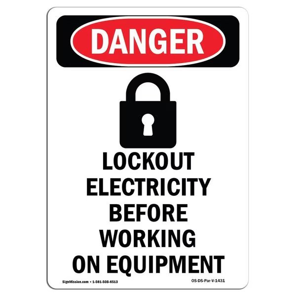 OSHA Danger Sign, Lockout Electricity, 5in X 3.5in Decal, 10PK, 3.5